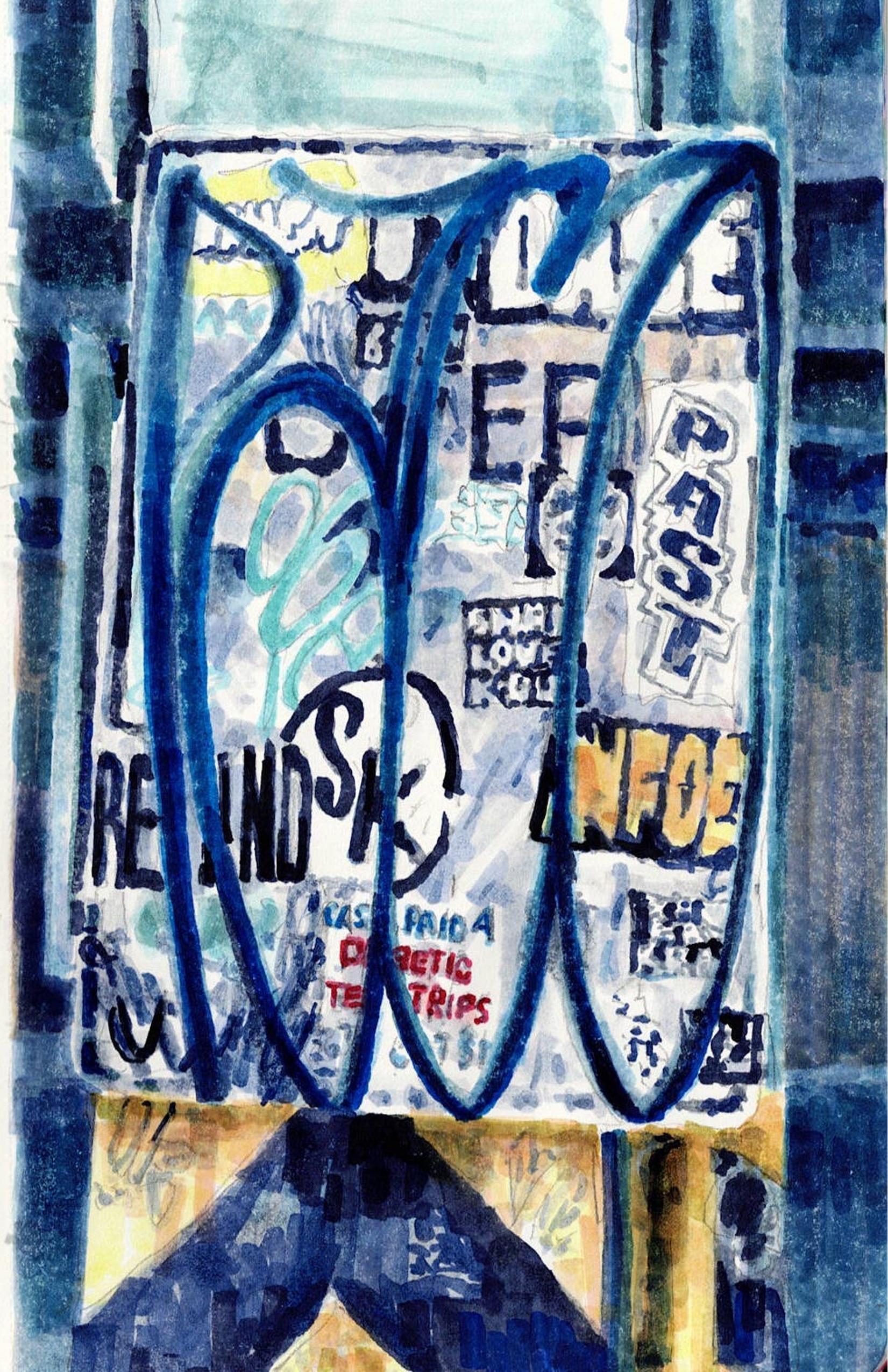 Abstract Painting de Mat Tomezsko - OVER: Abstract Ink Painting on Panel of Urban Street Sign, Signed, 7x5