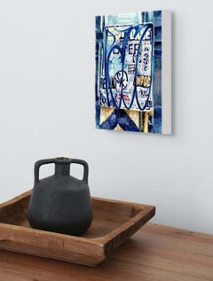 OVER: Abstract Ink Painting on Panel of Urban Street Sign, Signed, 7x5