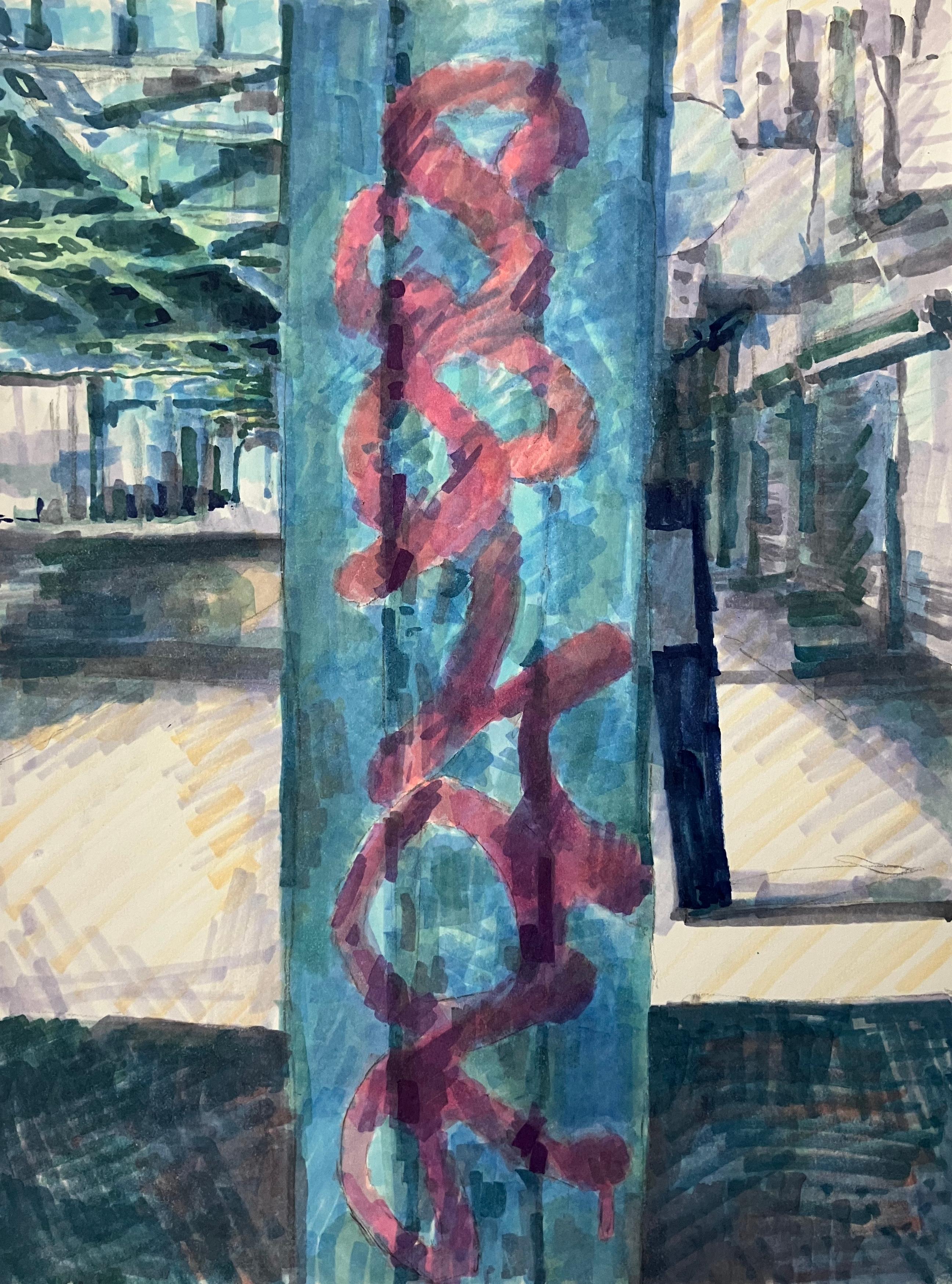 Abstract Painting de Mat Tomezsko - Original Ink Painting on Panel, Abstract Urban Street Environment w/ Graffiti