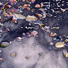 Acquatinta d'epoca originale firmata con acquerello, conchiglie colorate su una spiaggia