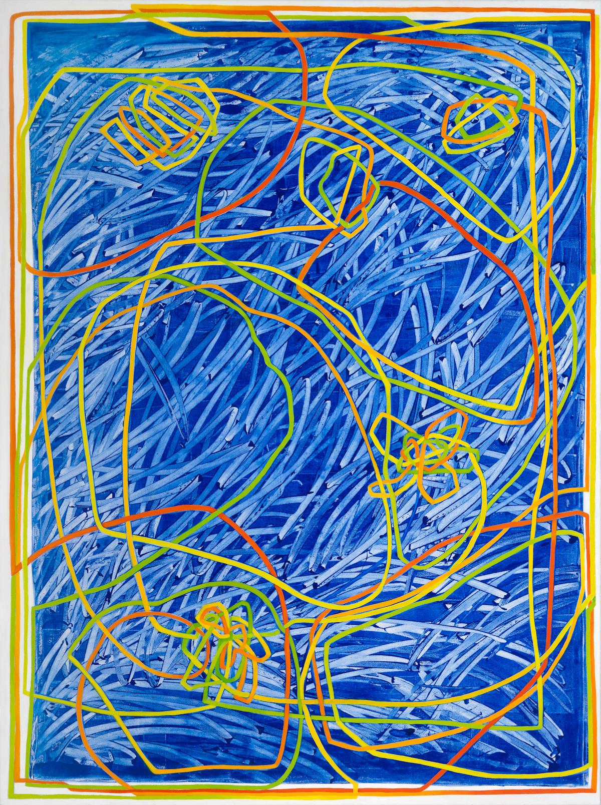 Paula Cahill Abstract Painting - Cleopatra II - contemporary abstract painting w/ blue, red, green & yellow lines