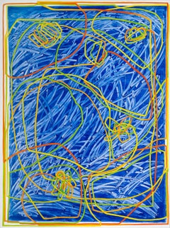 Cleopatra II - contemporary abstract painting w/ blue, red, green & yellow lines