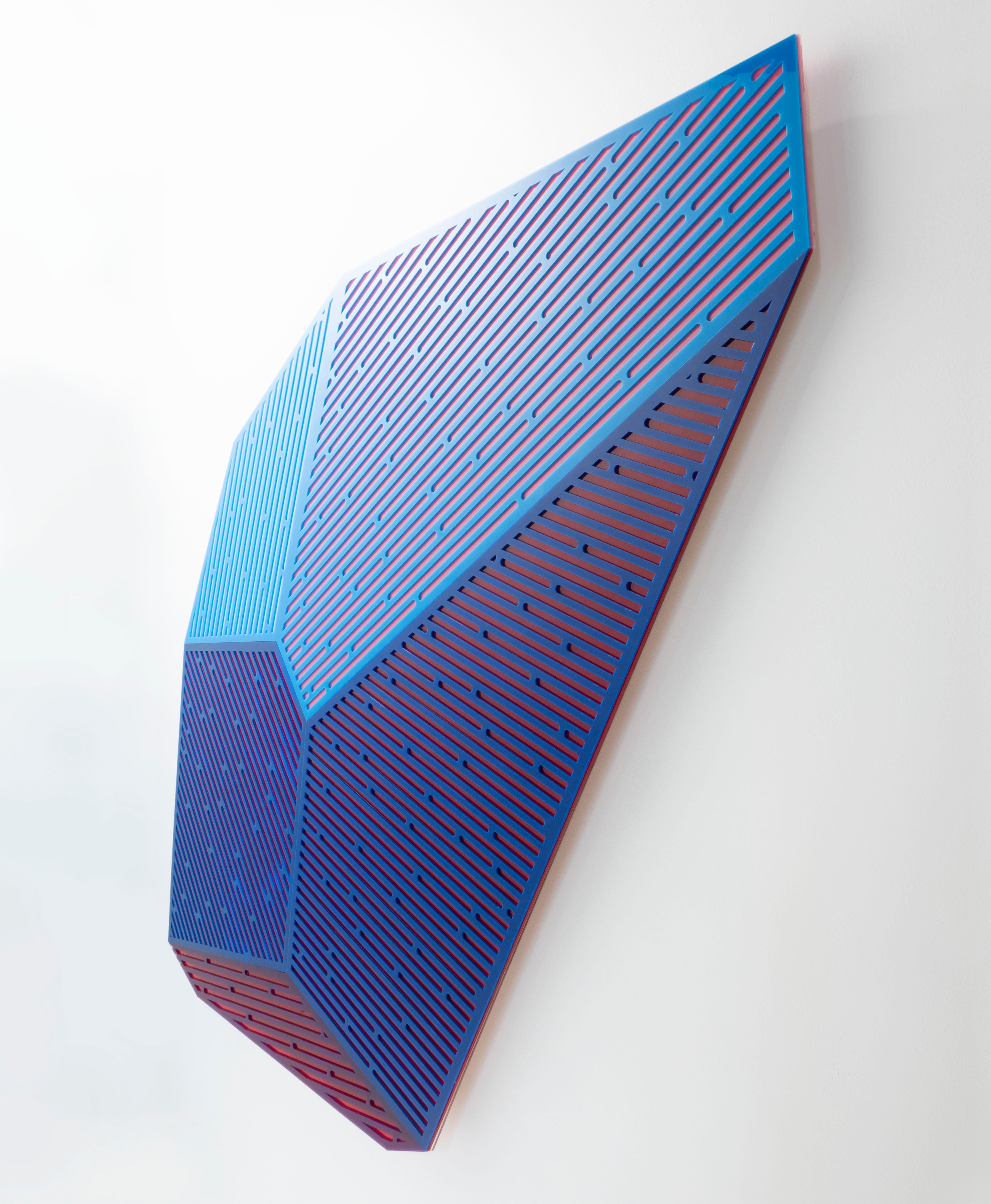Prismatic Polygon III:  geometric abstract wall-mounted sculpture in blue & red - Sculpture by Jay Walker