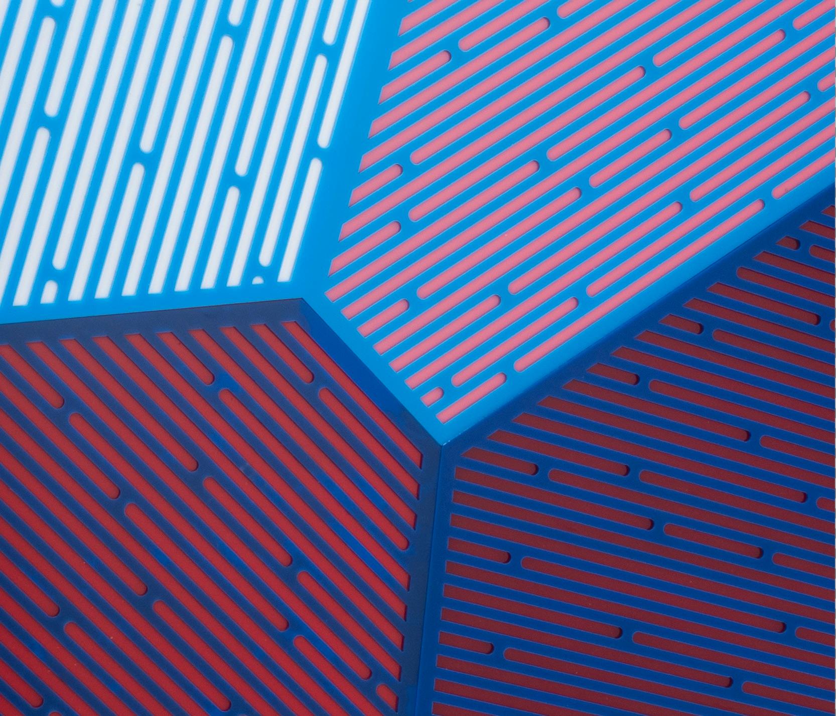 Prismatic Polygon III:  geometric abstract wall-mounted sculpture in blue & red - Abstract Sculpture by Jay Walker