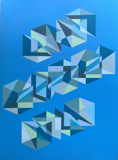 Untitled: contemporary abstract painting w/ blue & green geometric shapes, lines