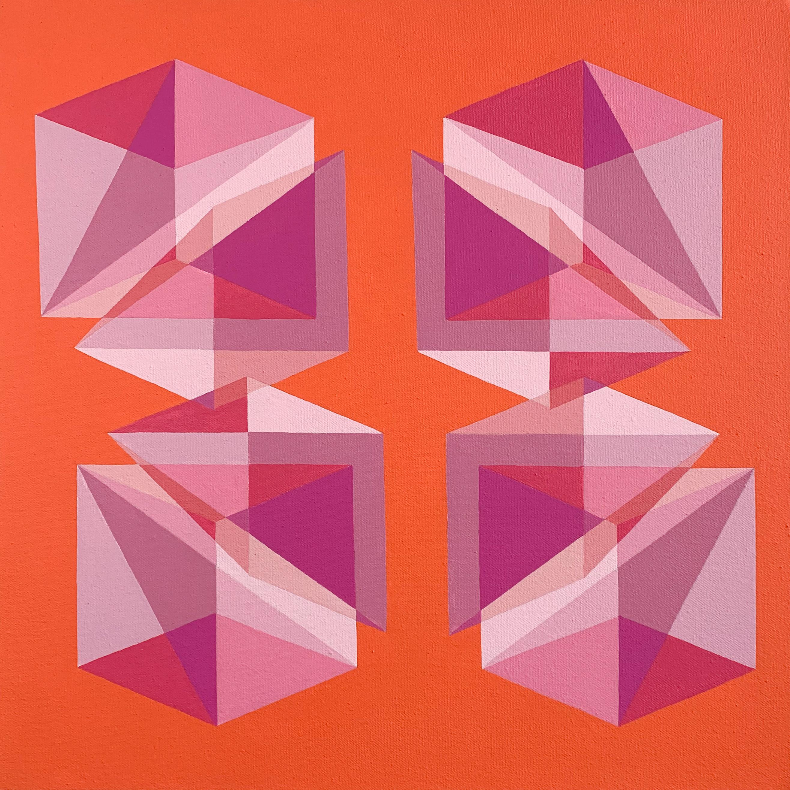 Abstract geometric Op Art painting w/ pink, magenta & orange cubes & pyramids