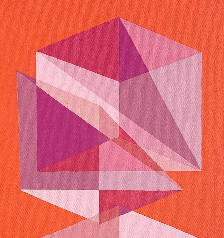 Abstract geometric Op Art painting w/ pink, magenta & orange cubes & pyramids - Painting by Benjamin Weaver