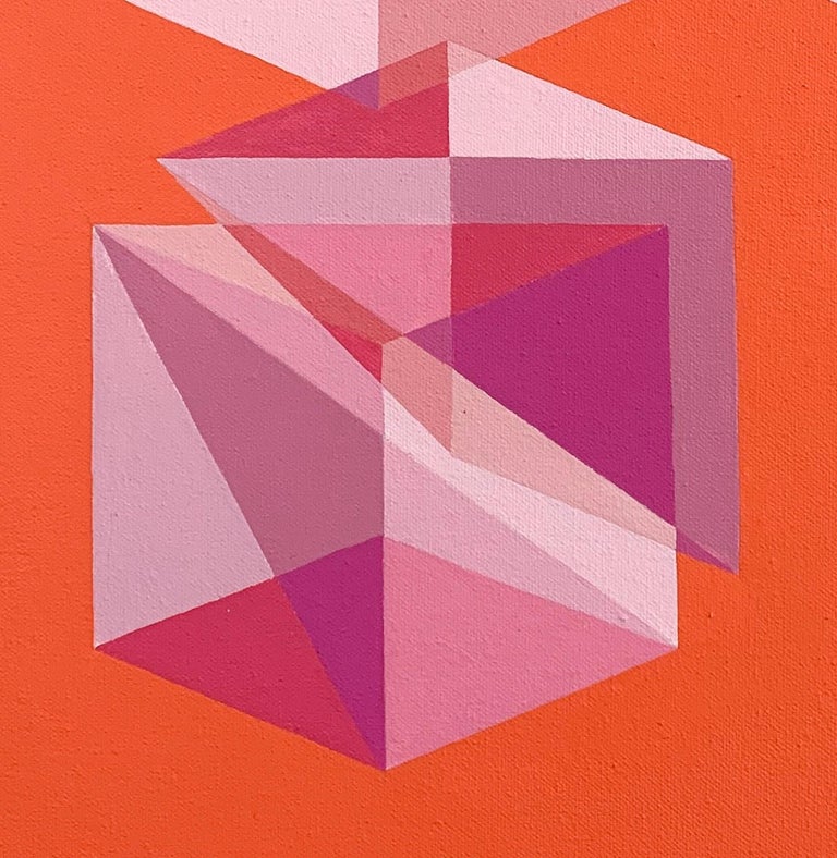 Abstract geometric Op Art painting w/ pink, magenta & orange cubes & pyramids - Red Figurative Painting by Benjamin Weaver