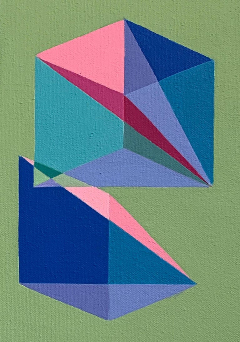 Geometric Op Art abstract painting w/ green, pink & blue cubes & pyramids - Abstract Painting by Benjamin Weaver
