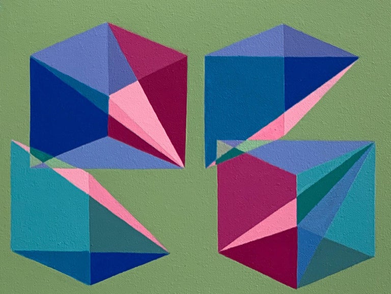 Geometric Op Art abstract painting w/ green, pink & blue cubes & pyramids - Painting by Benjamin Weaver