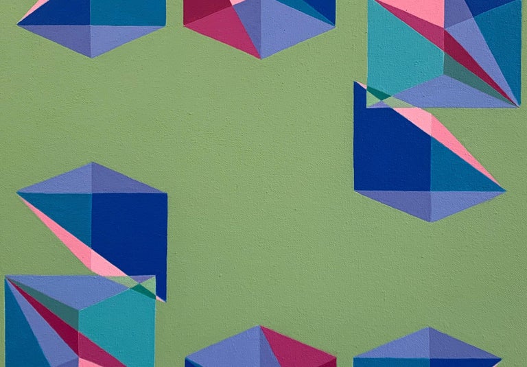 Geometric Op Art abstract painting w/ green, pink & blue cubes & pyramids - Gray Abstract Painting by Benjamin Weaver