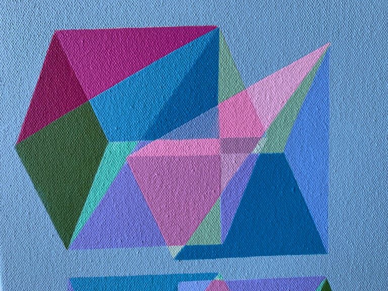 Geometric abstract Op Art painting w/ blue, green & pink cubes & pyramids - Abstract Painting by Benjamin Weaver