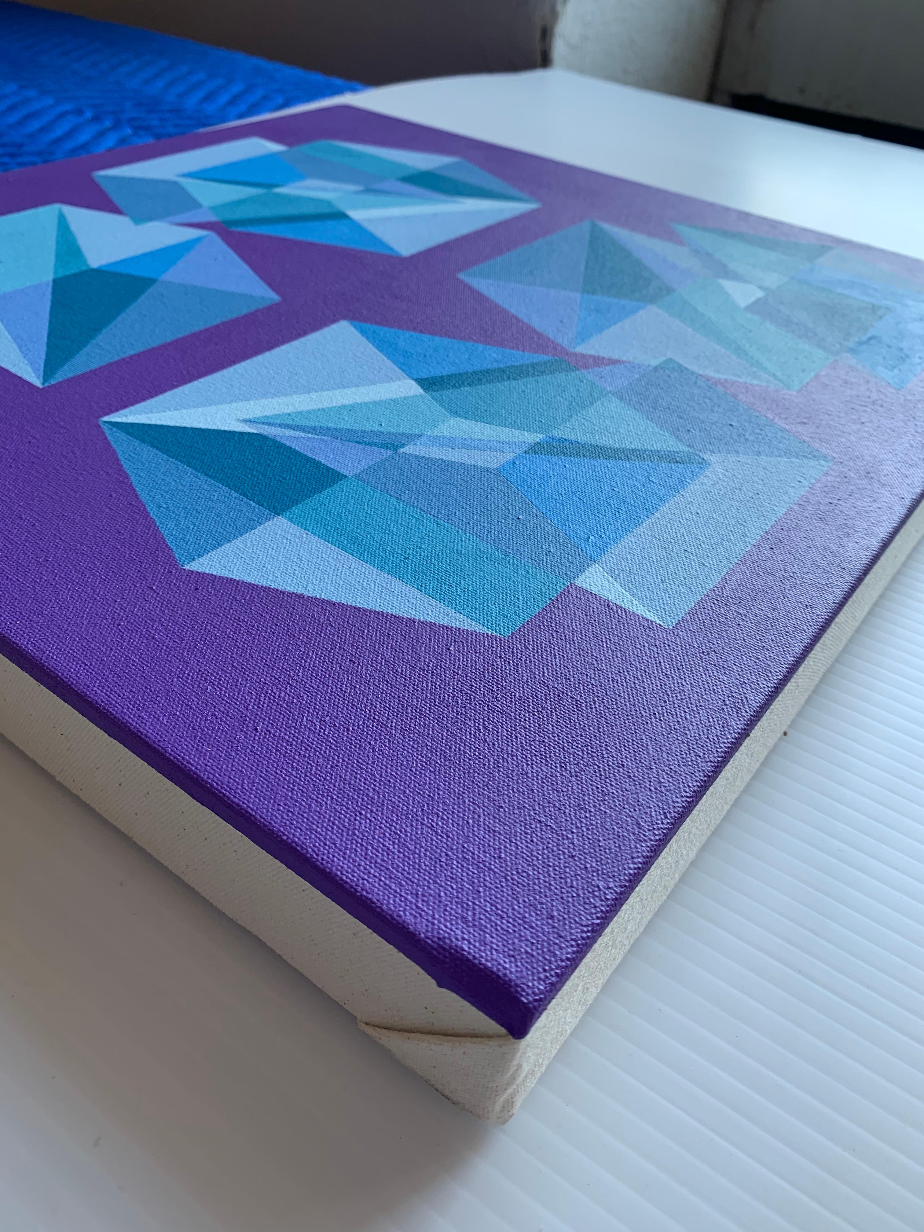 Divisé en trois n° 16 : abstraction géométrique avec très peri et bleu - Violet Abstract Painting par Benjamin Weaver