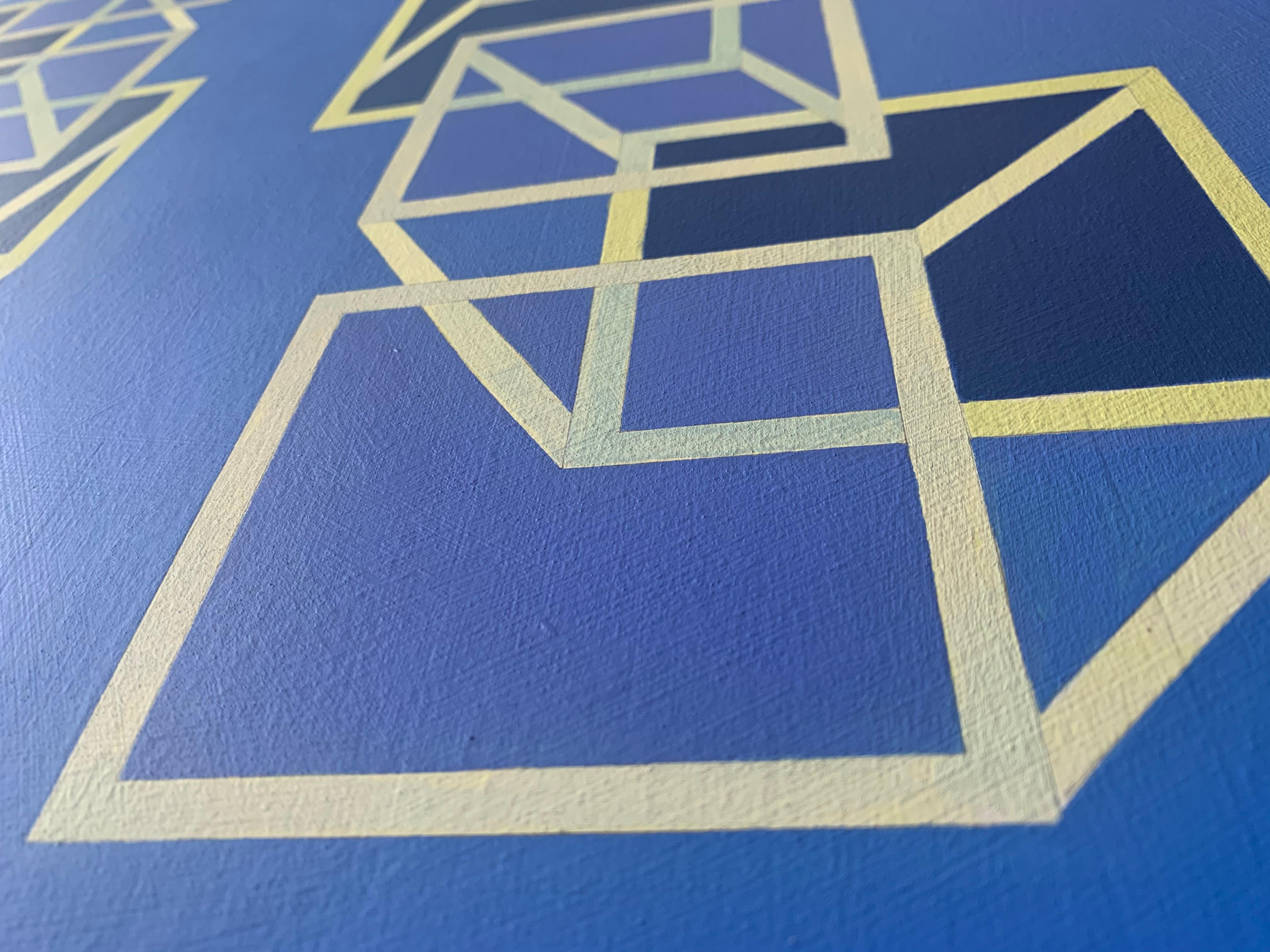 Construct: geometric abstract Op Art painting w/ blue & gold cubes & squares - Painting by Benjamin Weaver