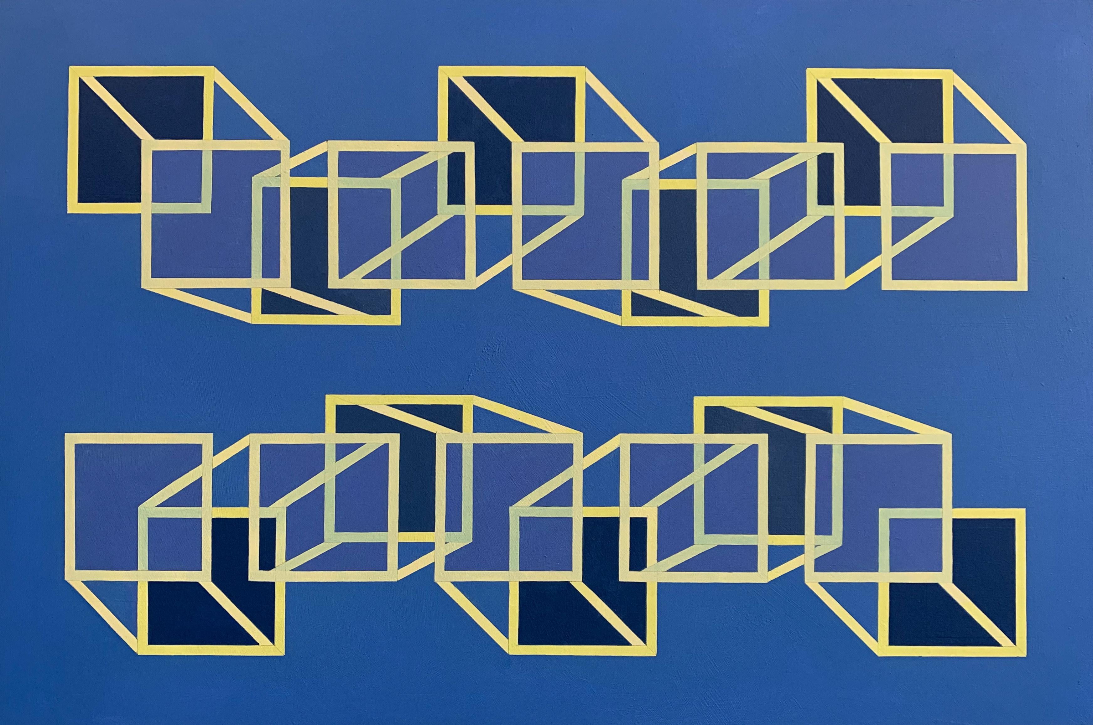 Geometric abstract Op Art painting w/ blue & yellow-gold cubes & squares