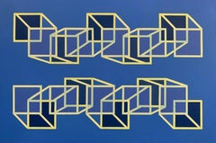 Construct: geometric abstract Op Art painting w/ blue & gold cubes & squares