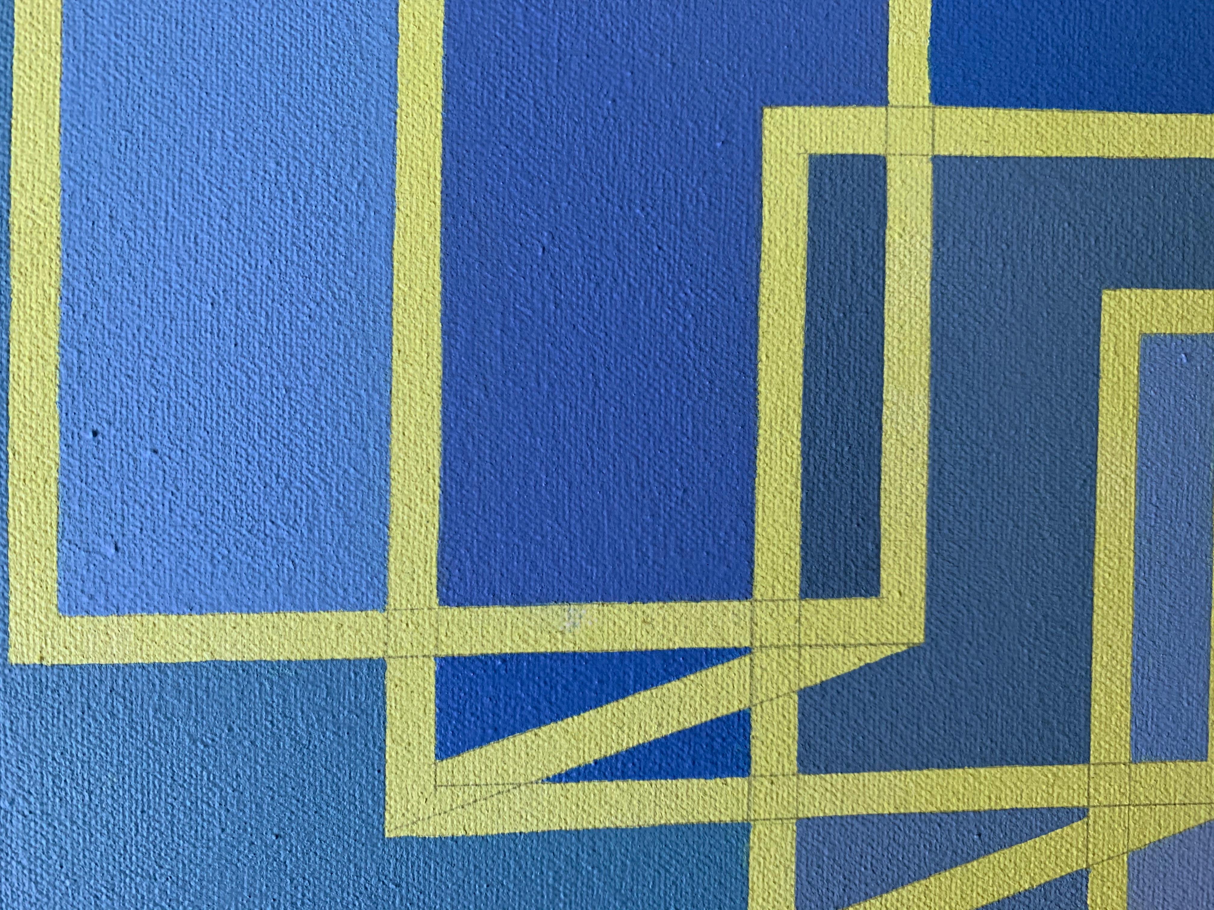 Ascending/Descending #10: geometric Op Art abstract painting w/ blue & yellow - Painting by Benjamin Weaver