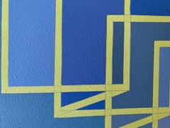 Ascending/Descending #10: geometric Op Art abstract painting w/ blue & yellow