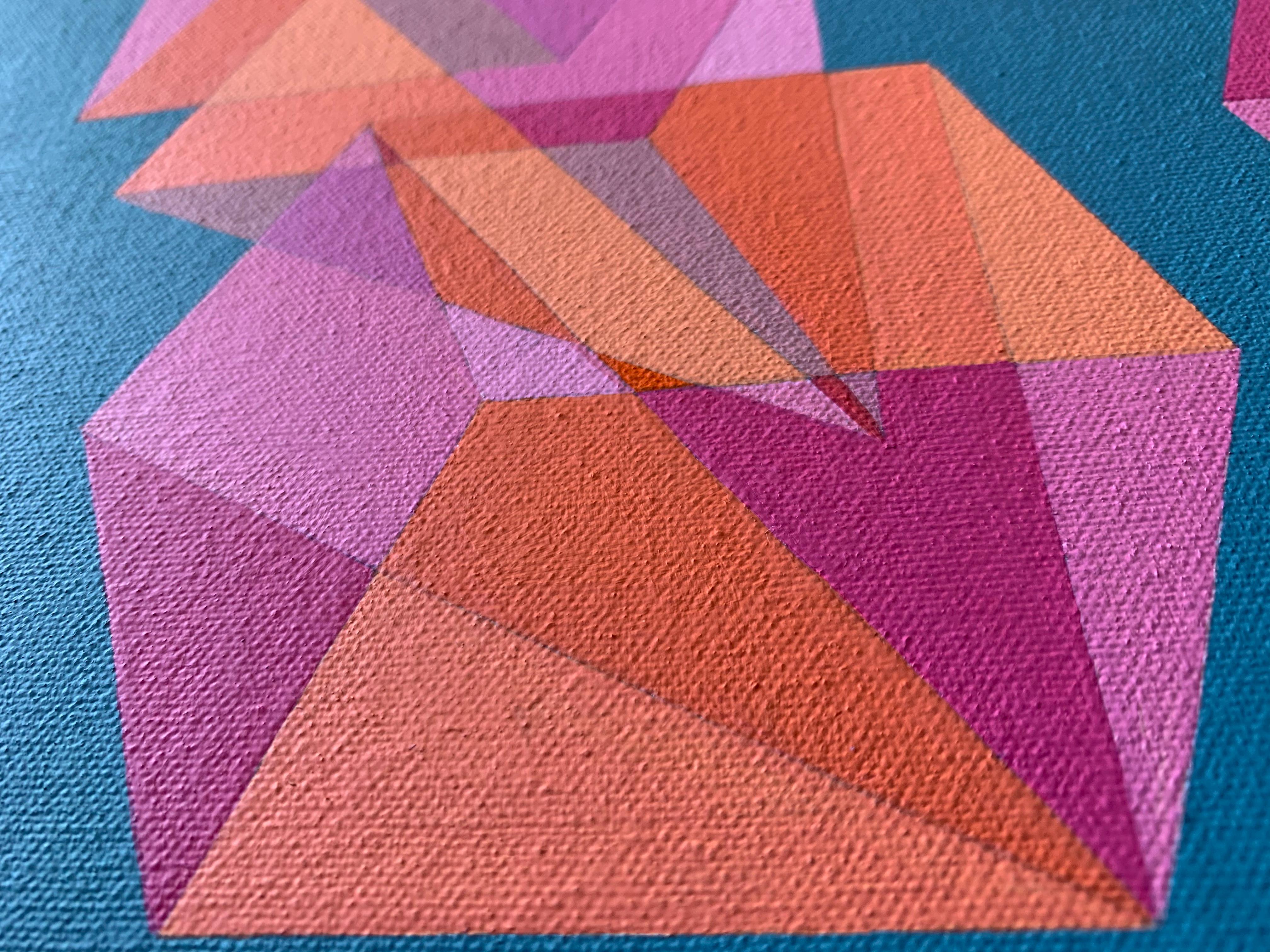 Cubes Divided Equally in Three #6: abstraktes geometrisches Gemälde mit rosa und blauen Würfeln – Painting von Benjamin Weaver