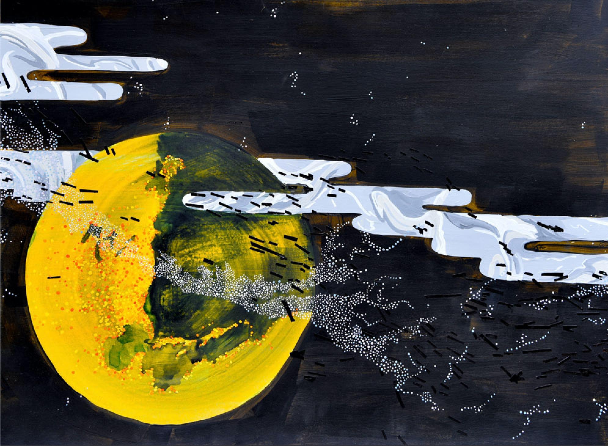 Oculus Minor: abstract horizontal painting in black w/ planets, clouds, sky - Painting by Deirdre Murphy