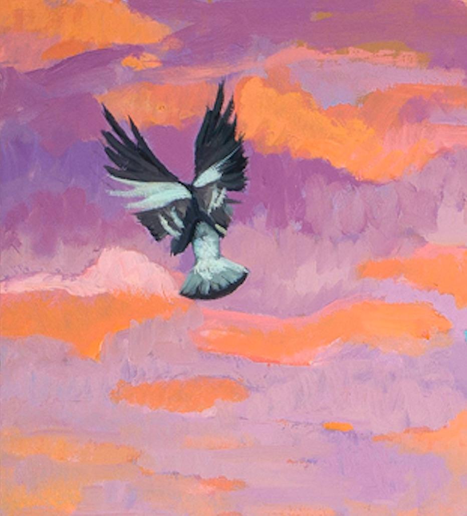 Peinture de paysage abstrait Pigeon Flight avec oiseaux, architecture et ciel orange  - Abstrait Painting par Deirdre Murphy