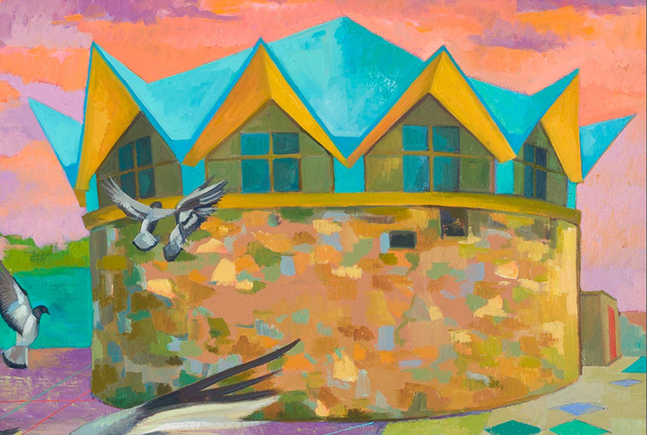 Peinture de paysage abstrait Pigeon Flight avec oiseaux, architecture et ciel orange  - Orange Abstract Painting par Deirdre Murphy