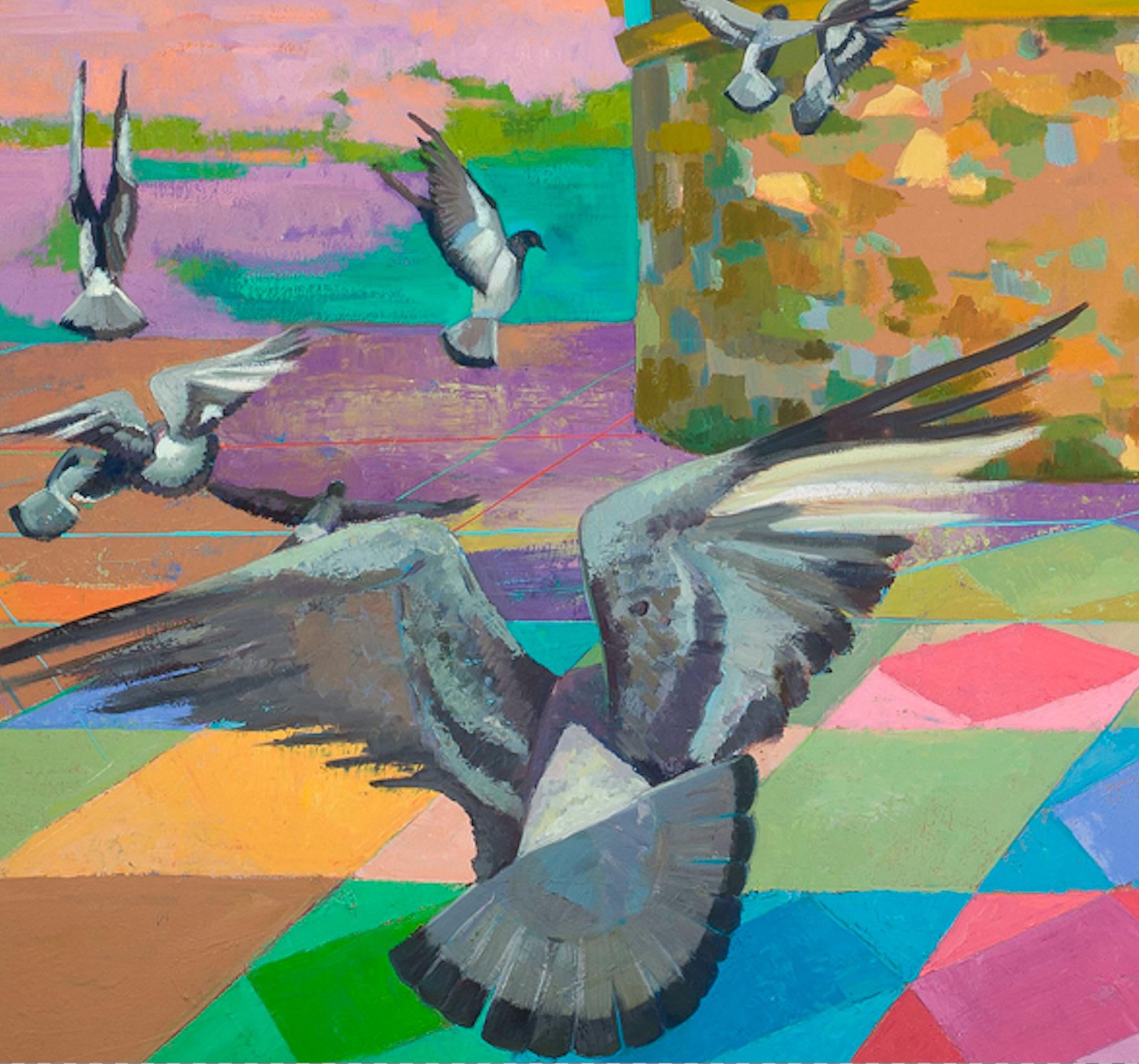 Pigeon Flight: abstract landscape painting w/ birds, architecture & orange sky  - Painting by Deirdre Murphy