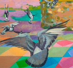 Pigeon Flight: abstract landscape painting w/ birds, architecture & orange sky