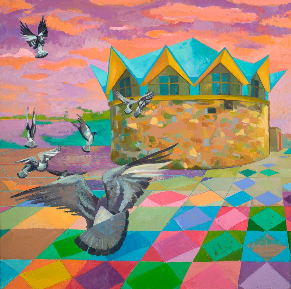 Abstract Painting Deirdre Murphy - Peinture de paysage abstrait Pigeon Flight avec oiseaux, architecture et ciel orange 