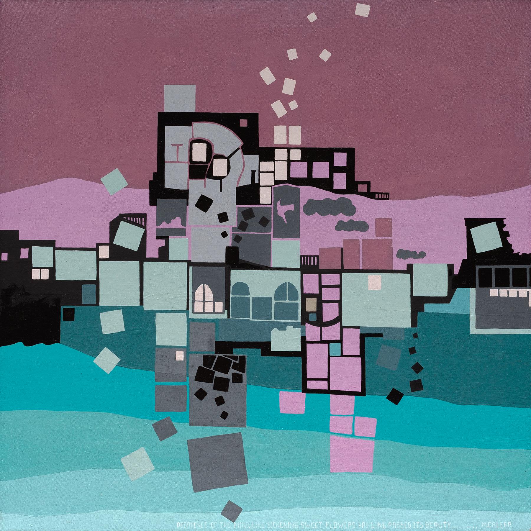 Joseph McAleer Landscape Painting - Atlantic City Revisited: mid-century modern geometric abstract painting w/ pink