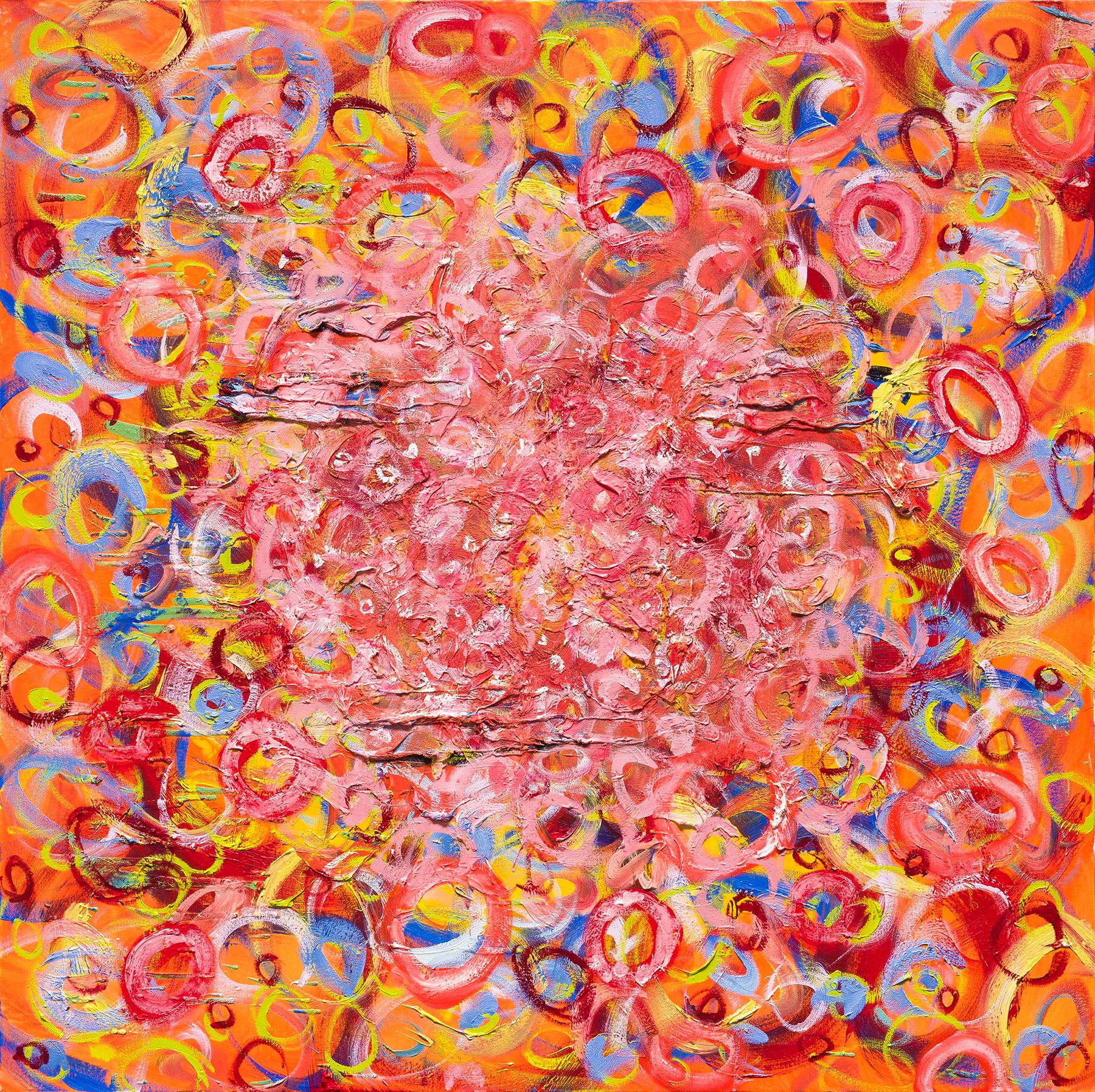Dennis Alter Abstract Painting - Thank You Mr. Duncan - contemporary abstract oil painting w/ orange pink circles