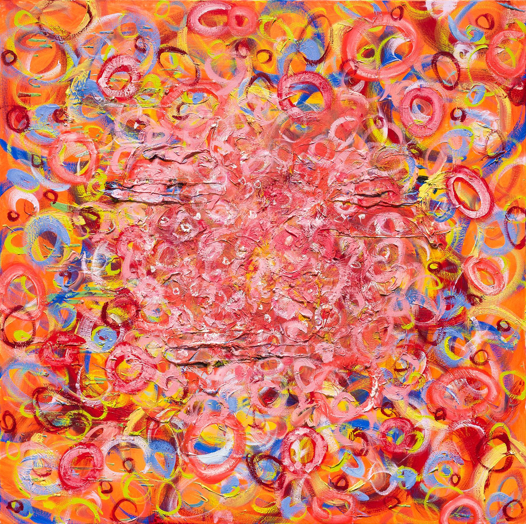 Vielen Dank, Mr. Duncan - zeitgenössisches abstraktes Ölgemälde mit orange-rosa Kreisen