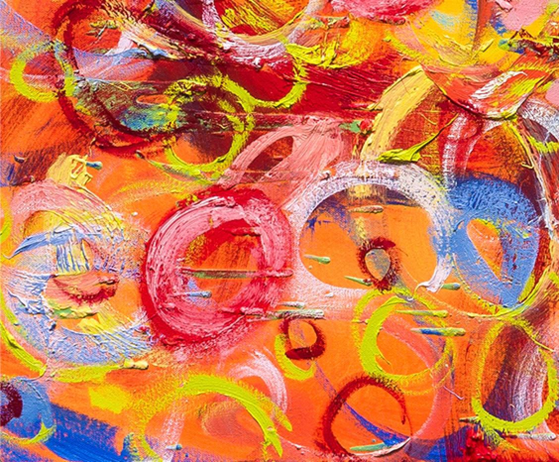 Thank You Mr. Duncan - contemporary abstract oil painting w/ orange pink circles - Painting by Dennis Alter