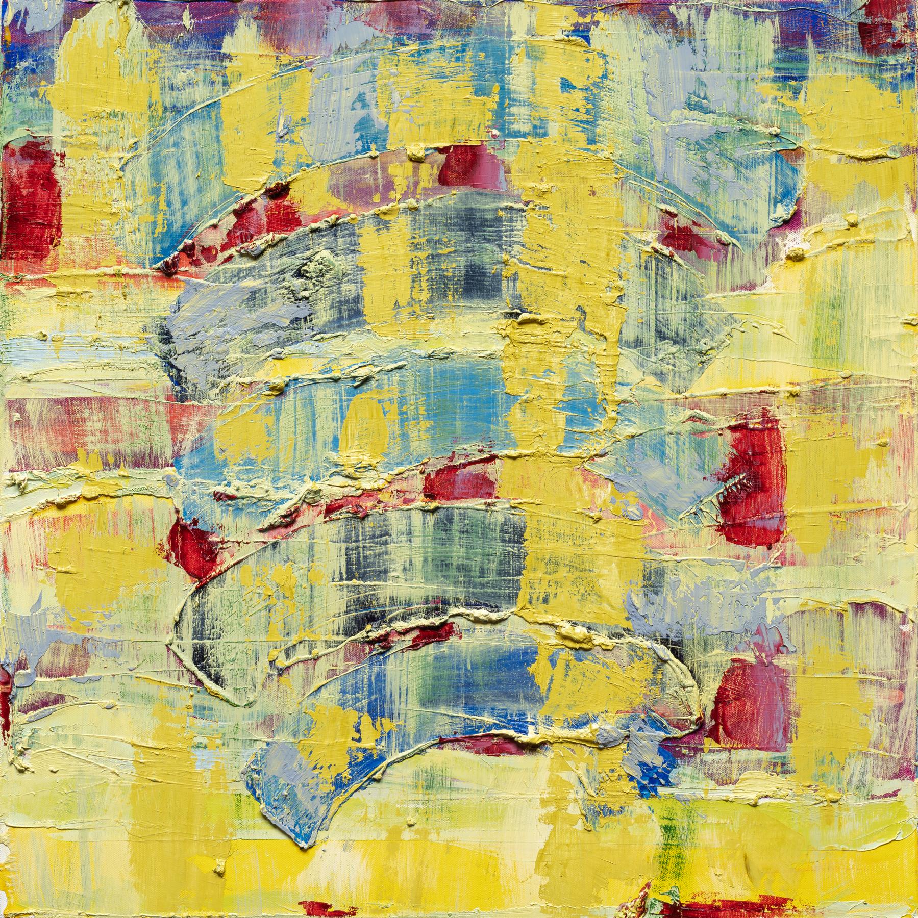 Dennis Alter Figurative Painting - Through the Looking Glass -- contemporary abstract oil painting in yellow & blue