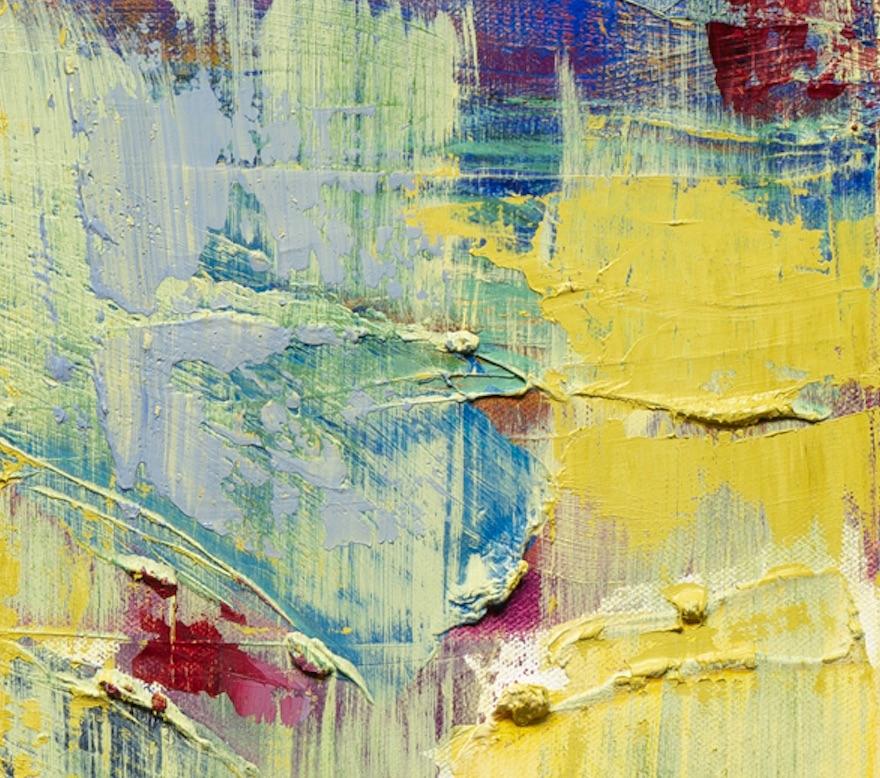 Through the Looking Glass -- contemporary abstract oil painting in yellow & blue - Painting by Dennis Alter