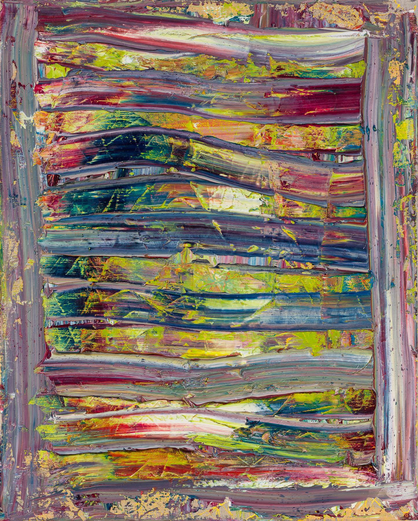 Dennis Alter Abstract Painting - Wall of Sound: contemporary abstract oil painting w/ blue green gold & red lines