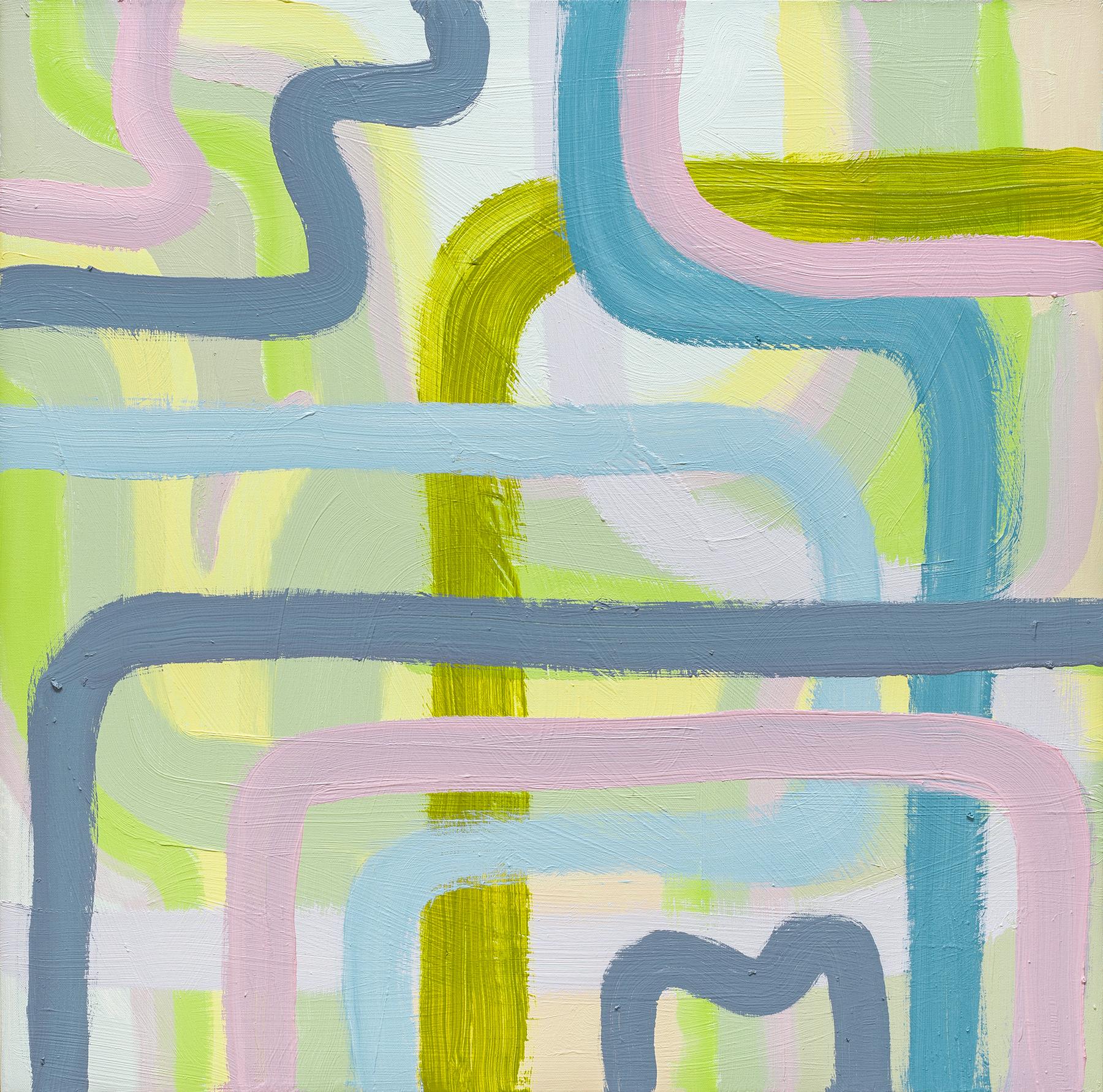 Dennis Alter Abstract Painting - SHHH: contemporary abstract oil painting w/ blue green pink gold & violet lines