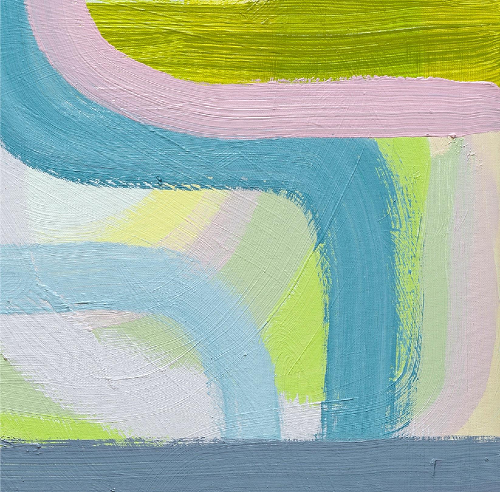SHHH: contemporary abstract oil painting w/ blue green pink gold & violet lines - Painting by Dennis Alter