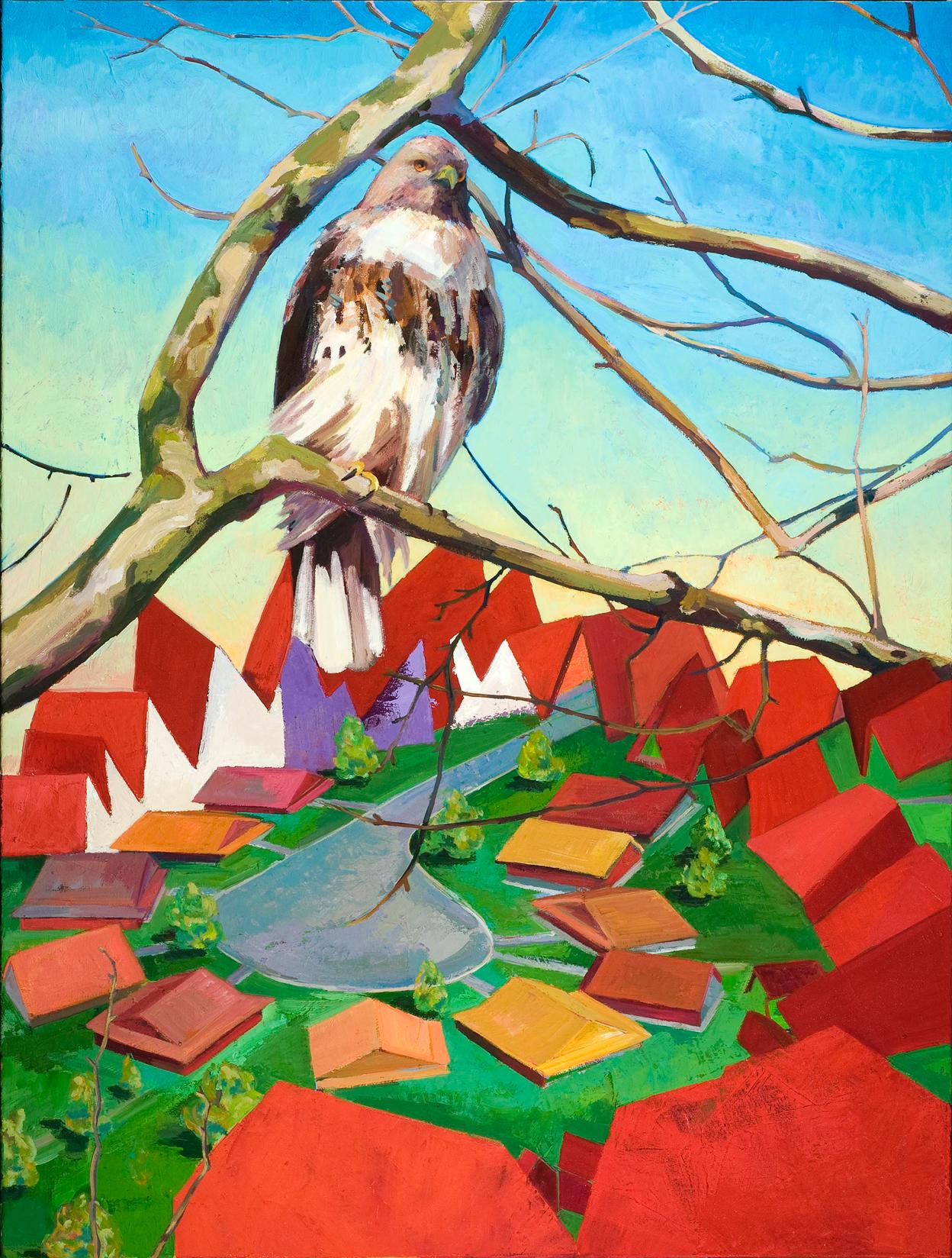 Deirdre Murphy Landscape Painting - Sentinel II - contemporary oil painting w/ bird, sky & abstract landscape