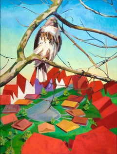 Sentinel II - contemporary oil painting w/ bird, sky & abstract landscape