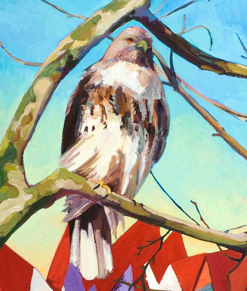 Sentinel II - contemporary oil painting w/ bird, sky & abstract landscape - Painting by Deirdre Murphy