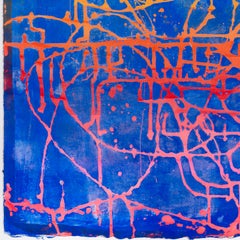 Night Rodeo - contemporary abstract painting w/ yellow, green, red lines on blue