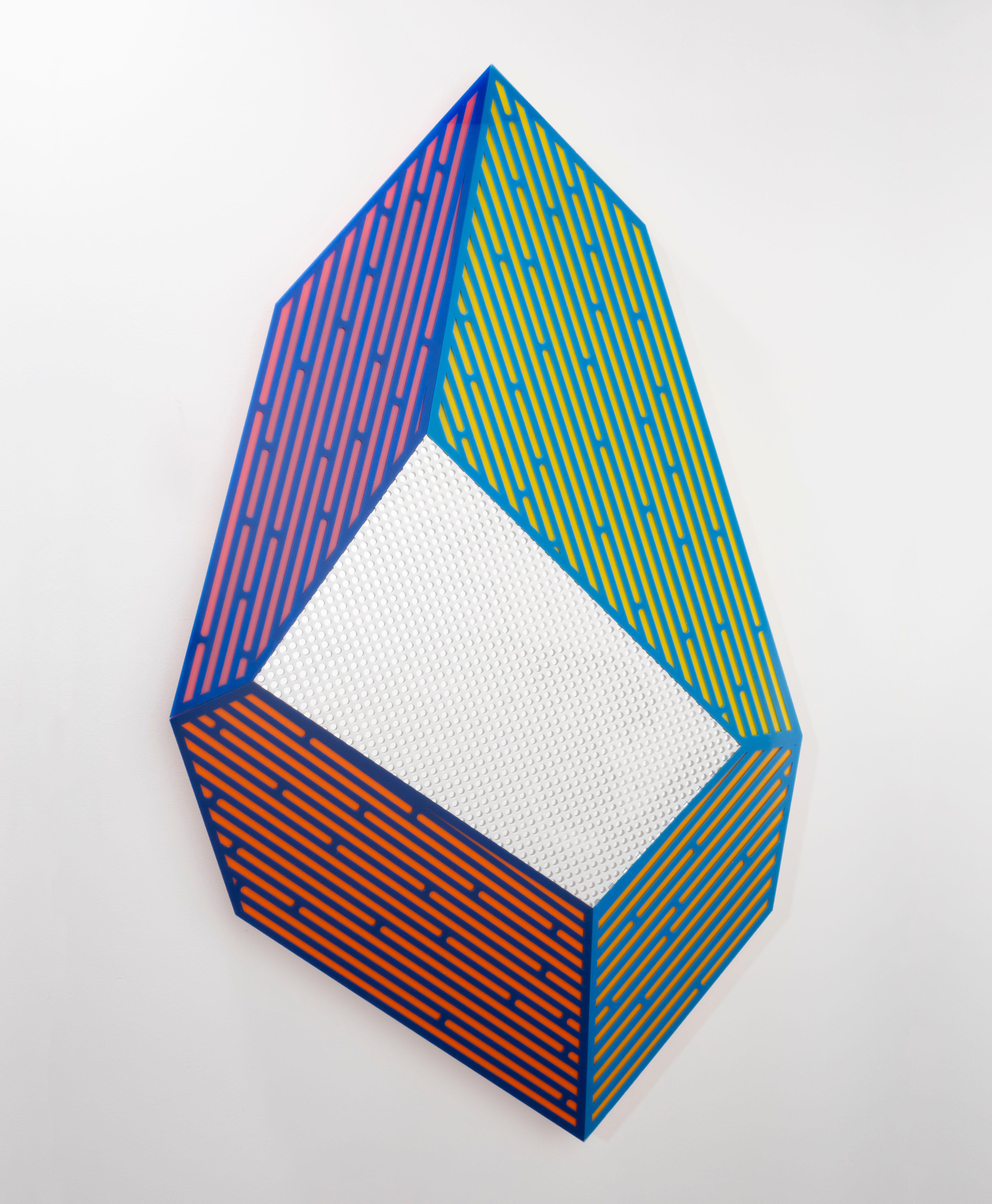 Jay Walker Figurative Sculpture - Prismatic Polygon V: geometric abstract wall-mounted sculpture in red green blue