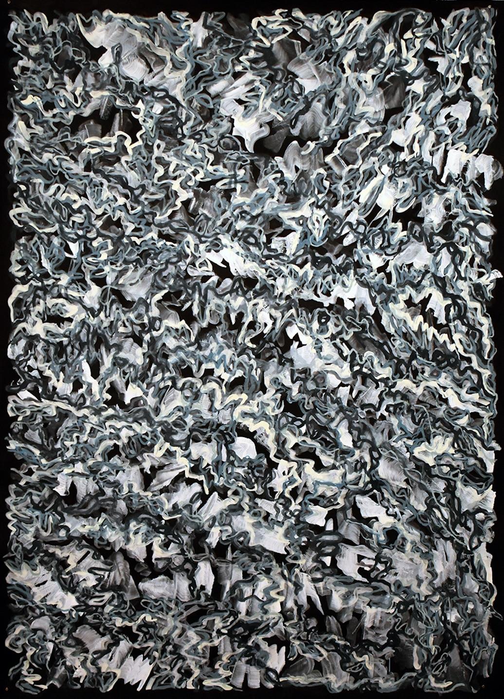 Cadet Blue: large contemporary abstract gestural painting on black paper