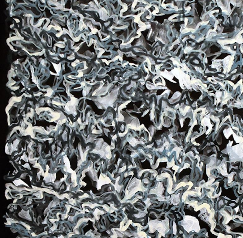 Cadet Blue : grande peinture gestuelle abstraite contemporaine sur papier noir - Noir Abstract Painting par Nancy Agati
