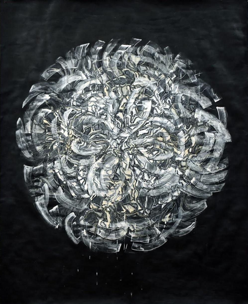 Peinture florale abstraite contemporaine sur papier noir Turbine :