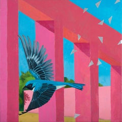 The Crossing: contemporary abstract painting w/ bird, pink architecture blue sky