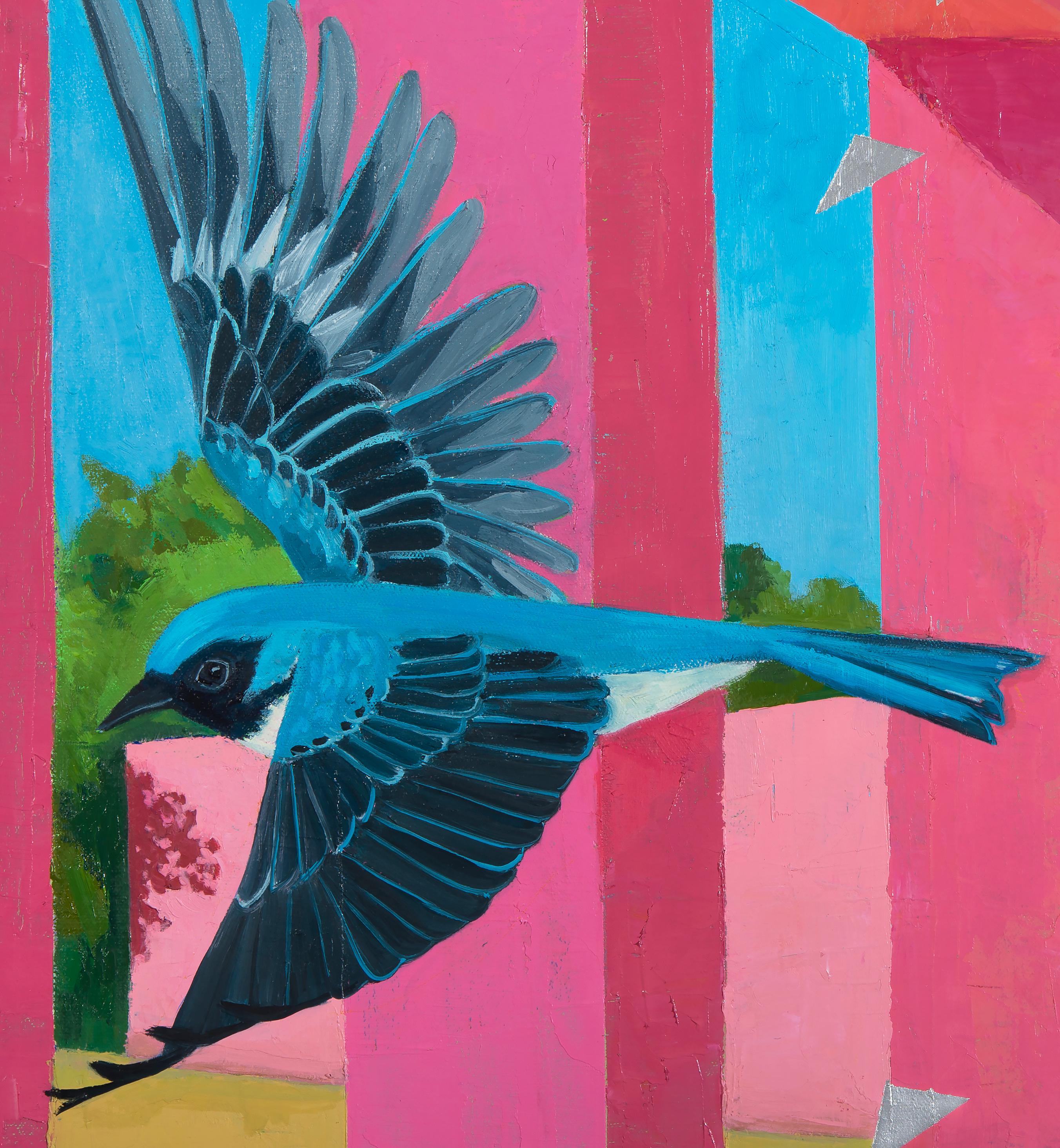 The Crossing: contemporary abstract painting w/ bird, pink architecture blue sky - Painting by Deirdre Murphy