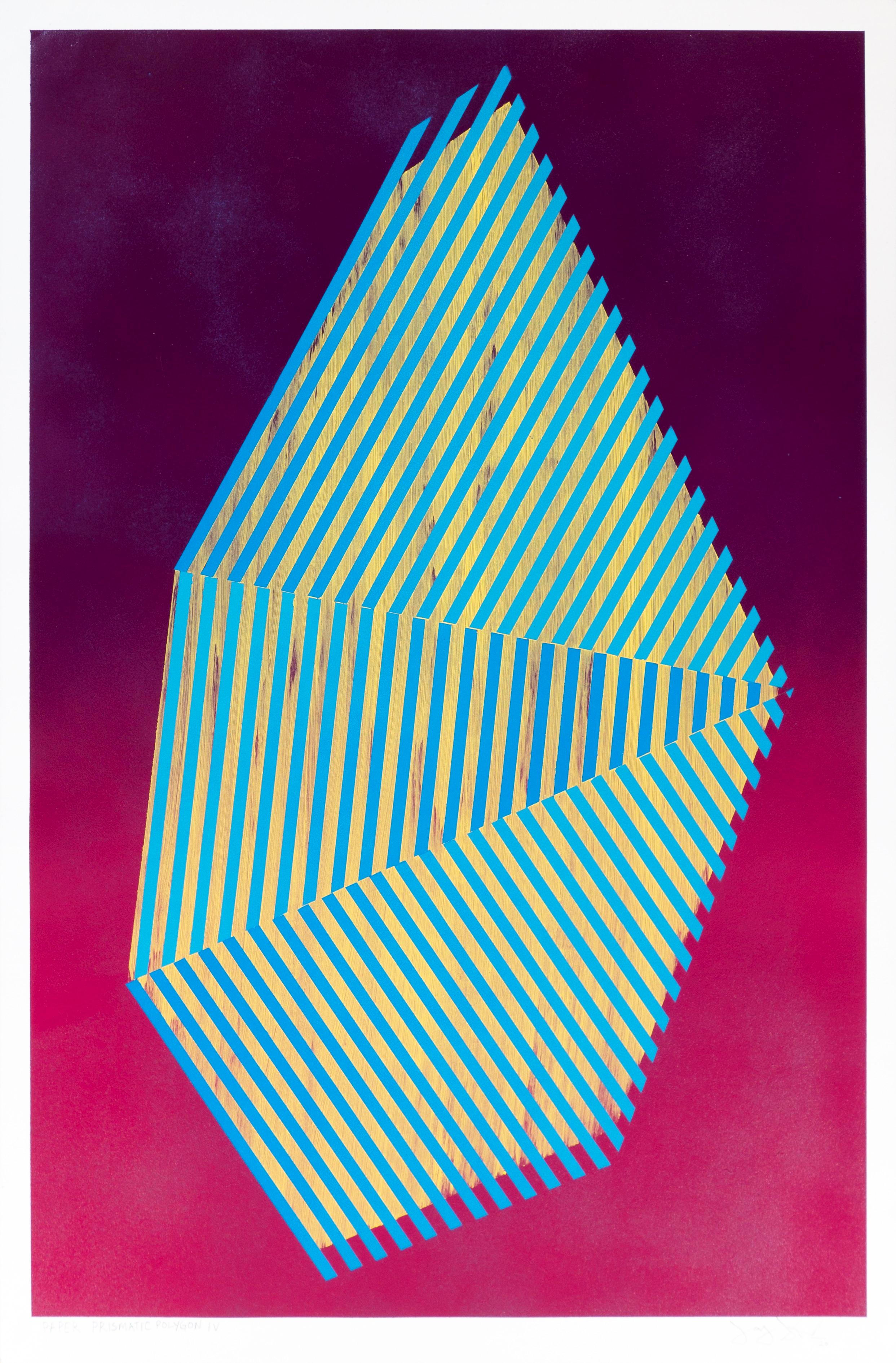 Polygone IV : peinture géométrique abstraite aux motifs roses, bleus et jaunes