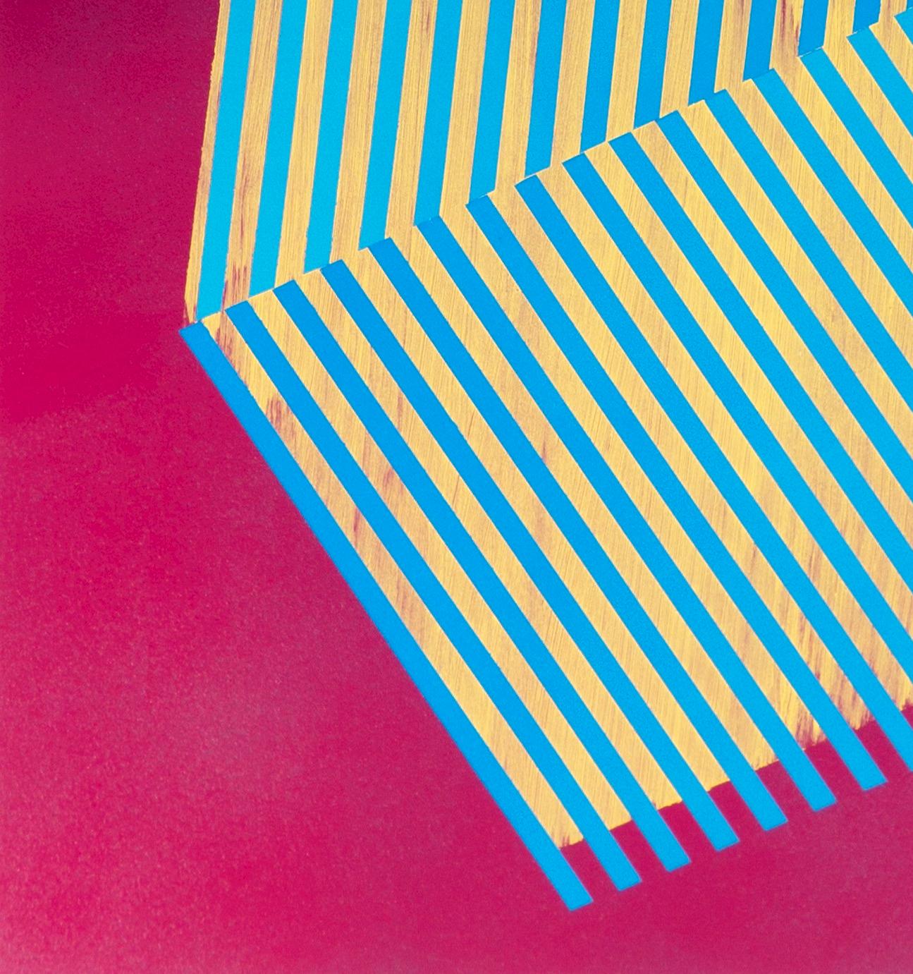 Prismatic Polygon IV: geometric abstract painting in pink, blue, yellow patterns - Painting by Jay Walker